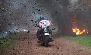 Captain America rides his customized Harley