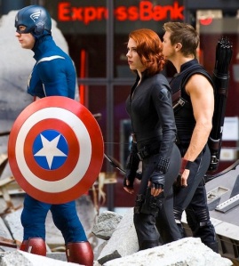 Captain America (Chris Evans), Black Widow (Scarlett Johansson) and Hawkeye (Jeremy Renner) in NYC