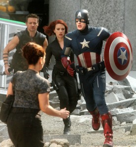 Captain America (Chris Evans), Black Widow (Scarlett Johansson) and Hawkeye (Jeremy Renner) in action